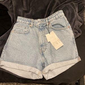 Zara High Rise Bermuda Mom Fit Denim Shorts